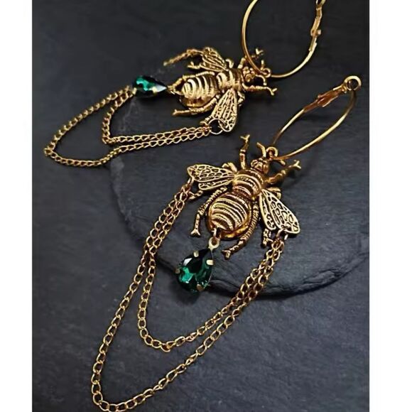 Golden Bee Statement Earrings with Emerald Drop - Picture 1 of 7